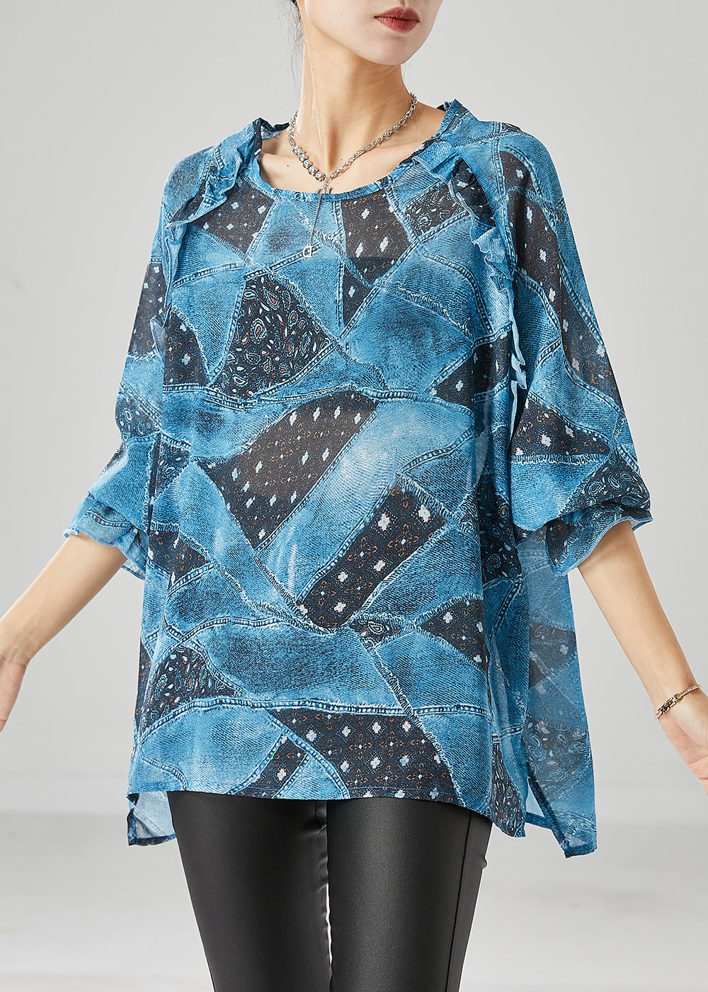 Blue Ruffled Print Chiffon Tanks Fall