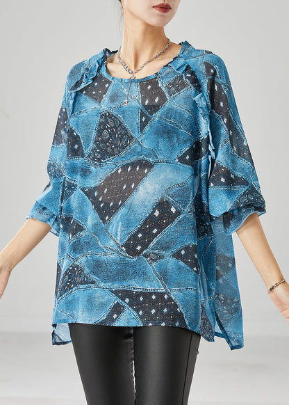 Blue Ruffled Print Chiffon Tanks Fall