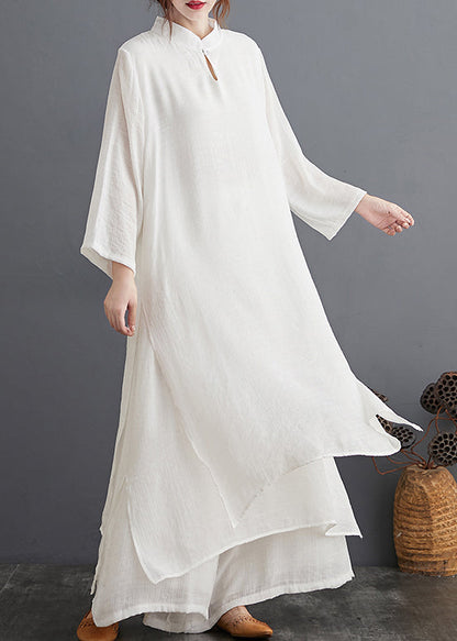 White Stand Collar Patchwork Cotton Two Pieces Set Fall