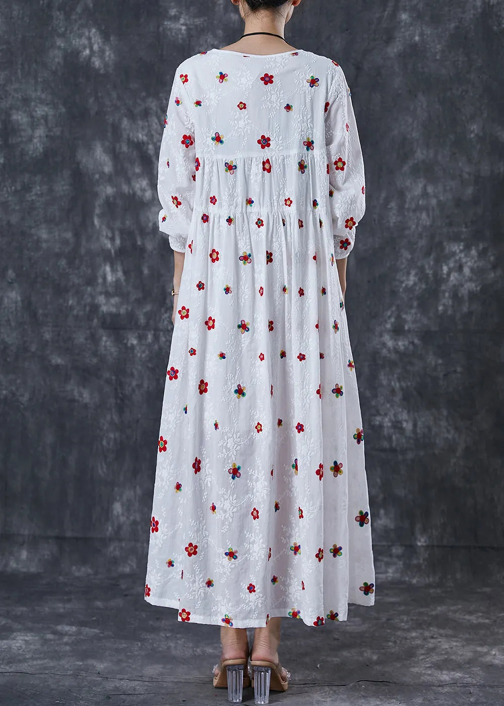 French White Embroidered Cotton Maxi Dress Spring