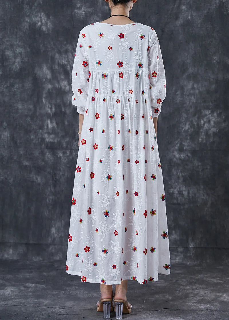 French White Embroidered Cotton Maxi Dress Spring