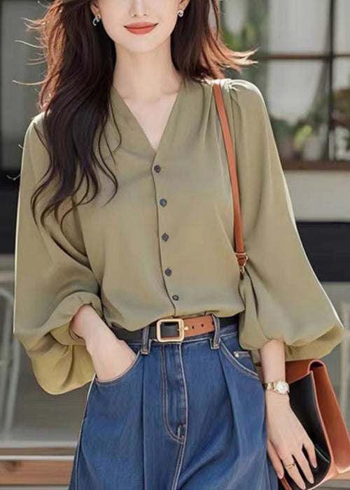 Simple Wasabi Green V Neck Button Cotton Blouses Fall