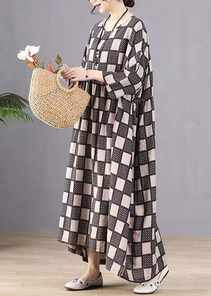 Style Orange O-neck Plaid Print Wrinkled Maxi Dresses Bracelet Sleeve