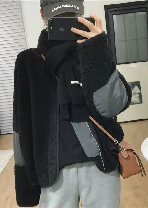 Black Pockets Patchwork Faux Fur Coats Spring