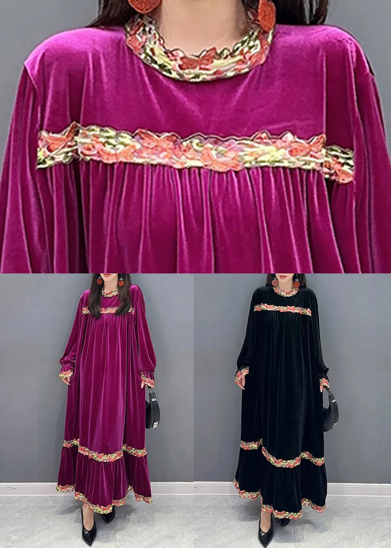 Black Patchwork Silk Velour Stand Collar Long Dress Spring