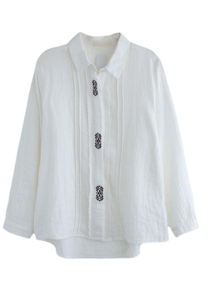 Art White Peter Pan Collar Button Embroideried Cotton Shirt Tops Spring