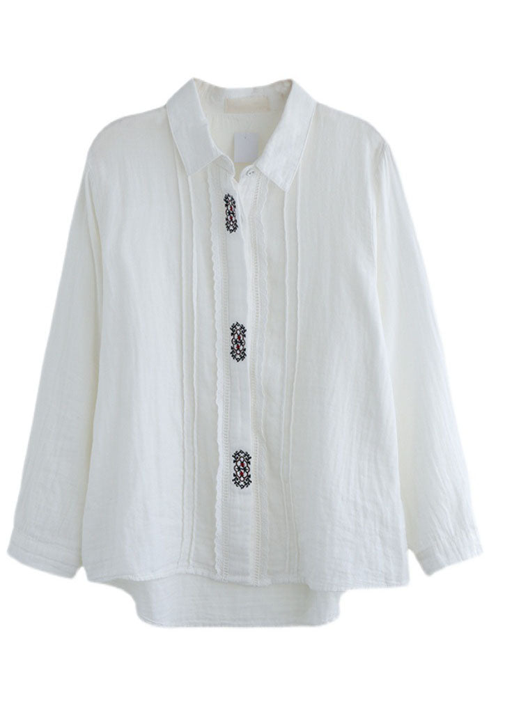 Art White Peter Pan Collar Button Embroideried Cotton Shirt Tops Spring