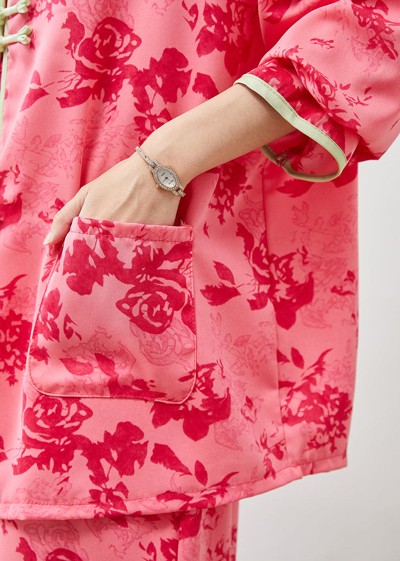 Red Chinese Button Print Cotton Two Pieces Set Summer