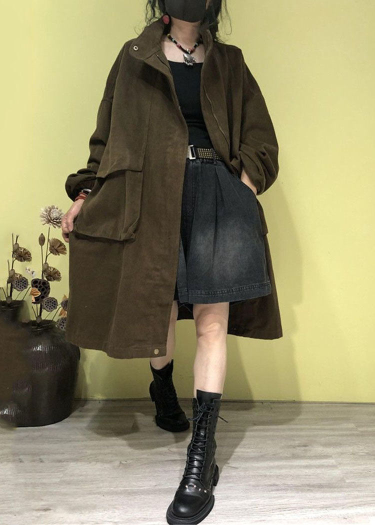 Green Stand Collar Zippered Pockets Trench Coats Fall