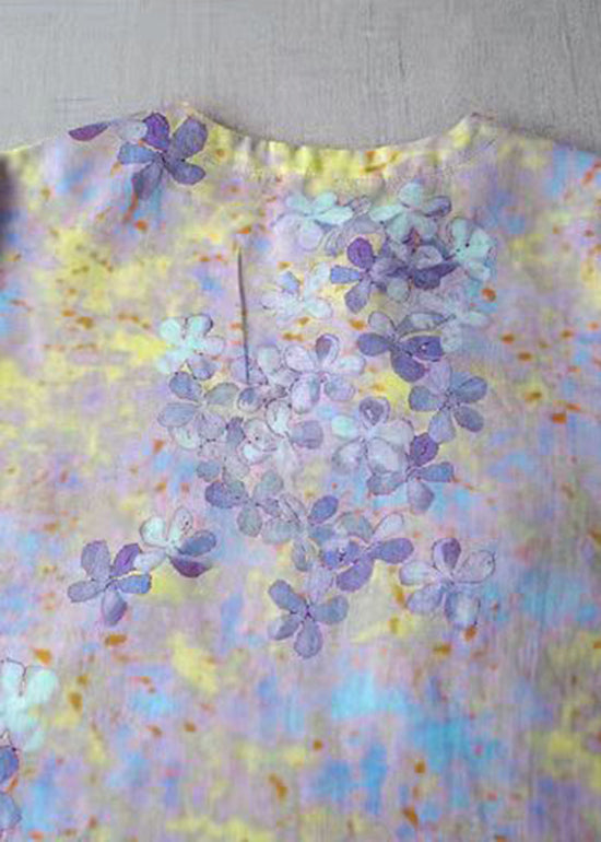 Purple O-neck Linen Shirt Top Three Quarter Sleeve