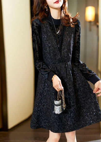 Jacquard Black O-neck Patchwork Nail Bead Fake Two Pieces Mid Dress Fall