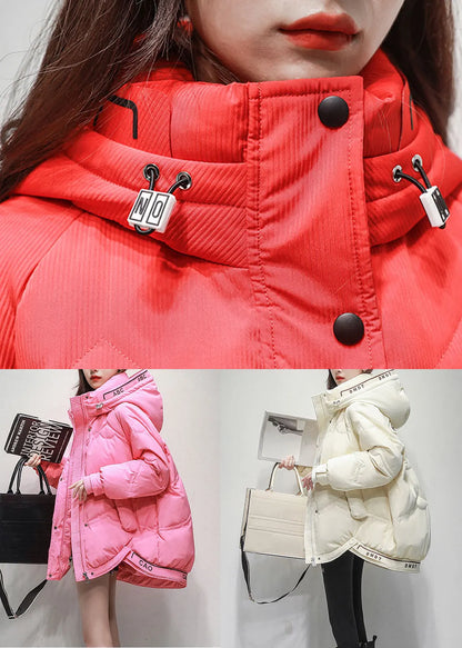 Pink Hooded Pockets Drawstring Duck Down Coats Winter