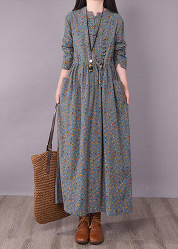 Art O-neck Print Button Wrinkled Tie Waist Dresses Long Sleeve