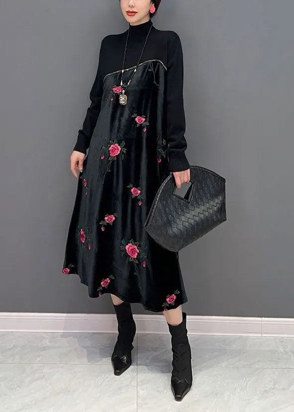 Black High Neck Embroideried Knit Patchwork Silk Velour Dress Spring