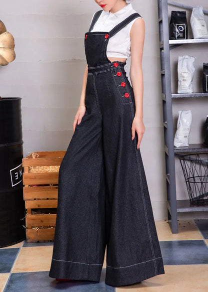 Navy Button Denim Strap Wide Leg Jumpsuit Fall