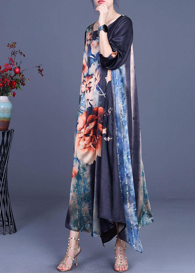 Comfy Blue Print Asymmetrical Design Half Sleeve Silk Summer Holiday Dress