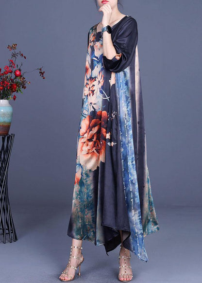 Comfy Blue Print Asymmetrical Design Half Sleeve Silk Summer Holiday Dress