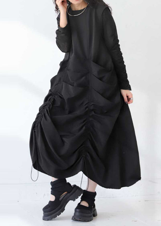 Black Cotton Robe Dresses Drawstring Wrinkled Sleeveless Fall