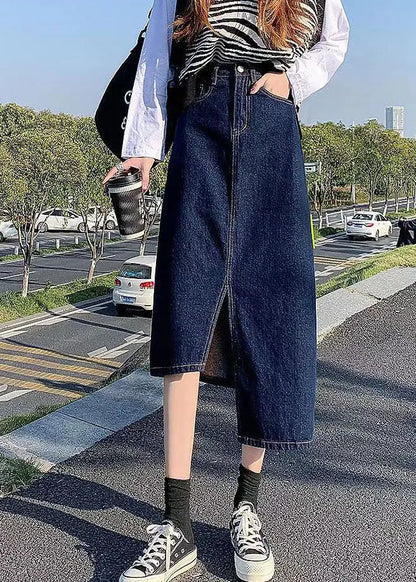Navy Side Open Asymmetrical Pocket Cotton Denim Wraped Skirts Summer