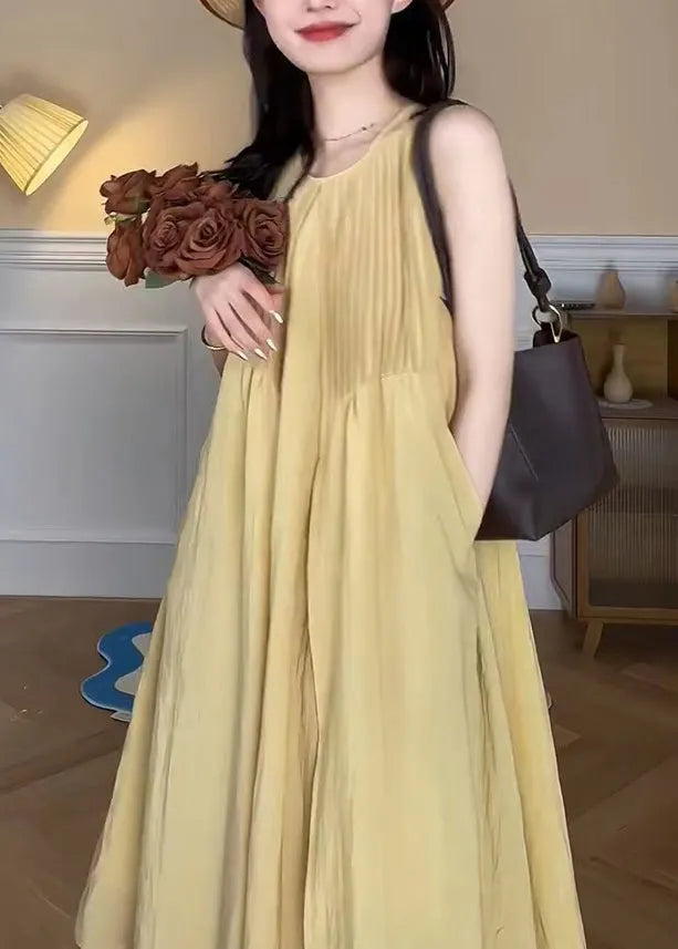 Yellow O Neck Pockets Cotton Long Dress Sleeveless