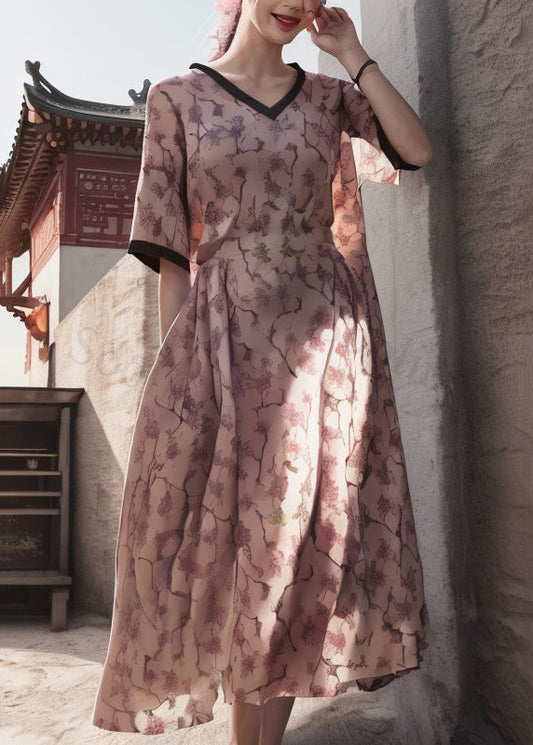 Pink V Neck Print Wrinkled Silk Dress Summer