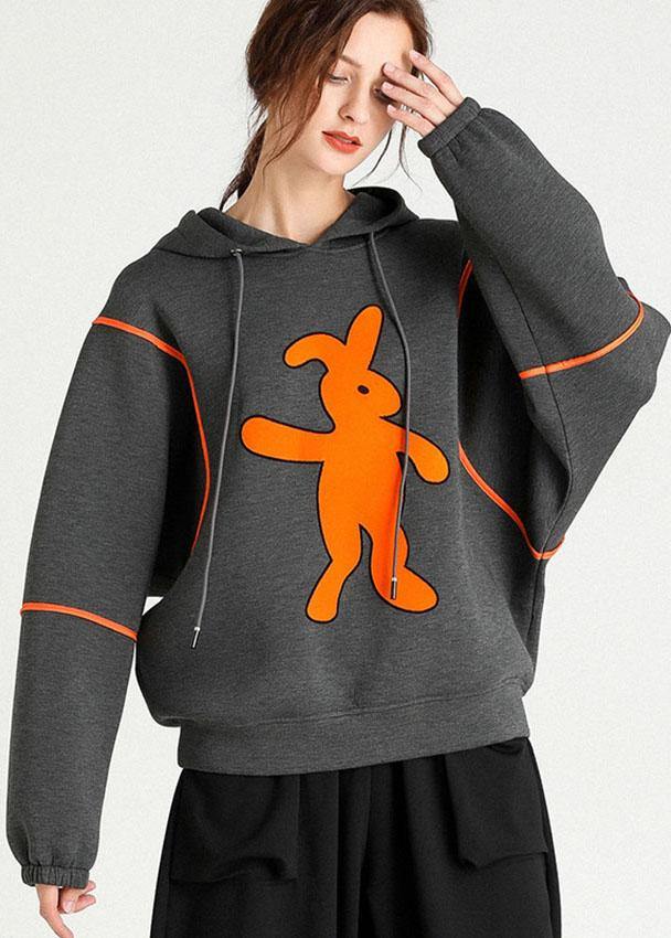 Grey Print Drawstring Print Fall Loose Sweatshirt