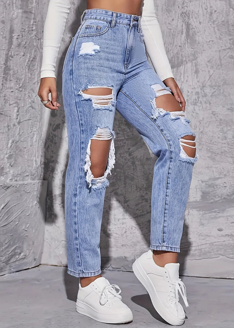 Blue Hole Pockets High Waist Denim Crop Pants Summer