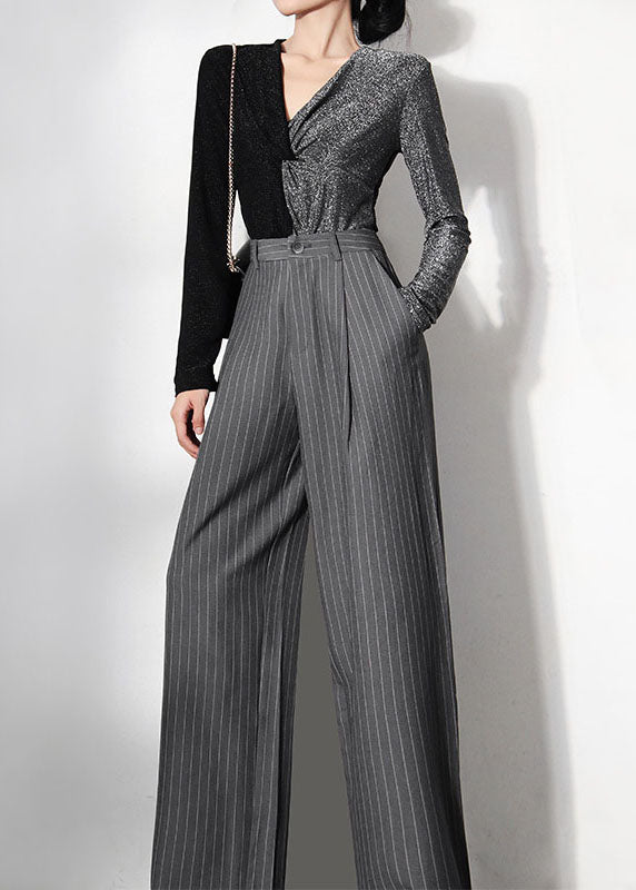 Grey Striped Pockets Wide Leg Pants Spring