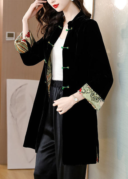 Black Stand Collar Patchwork Button Silk Velour Coat Bracelet Sleeve