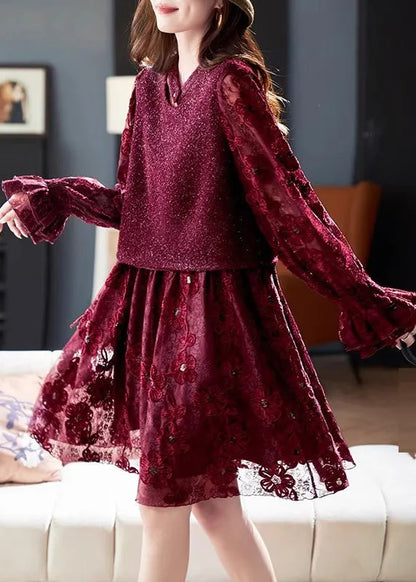 Modern Red O-neck Patchwork Fake Two Pieces Long Dresses Spring