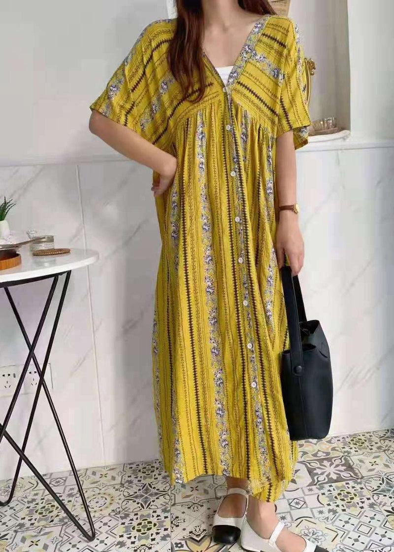 Blue V Neck Print Cotton Long Dresses Short Sleeve