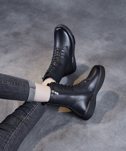 Black Platform Cowhide Leather Lace Up Boots