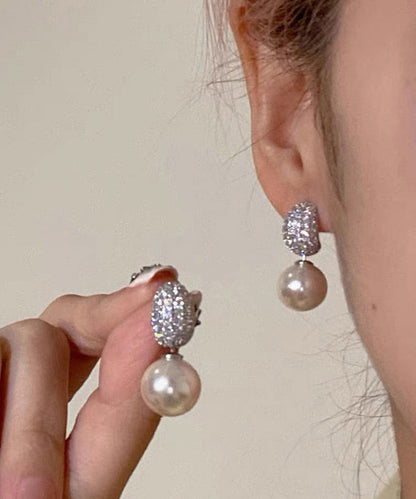Silk Sterling Silver Zircon Pearl Drop Earrings