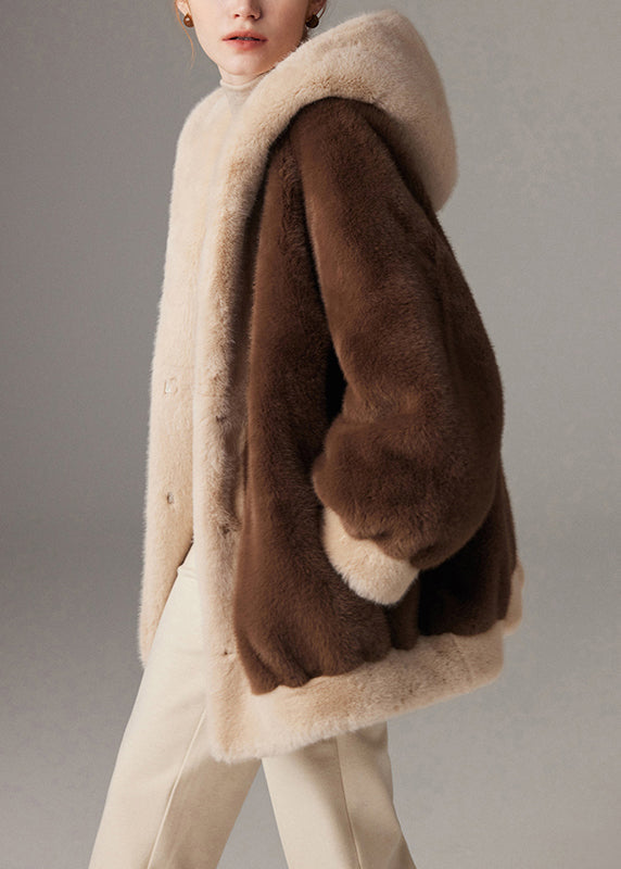 Coffee Pockets Patchwork Mink Hair Winter Coat Hooded