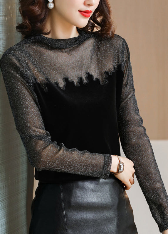 Black Turtleneck Lace Tulle Patchwork Velour Tops Bottoming Shirt
