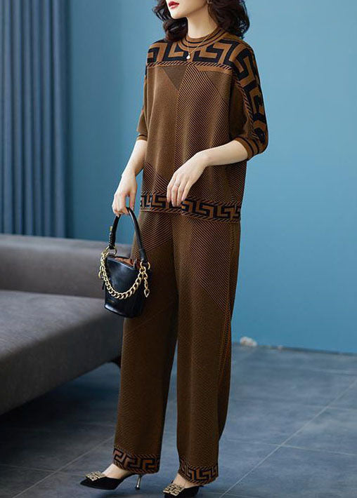 Chocolate Striped Silk Sweatshirt Two Pieces Set O-neck Original Design Fall
