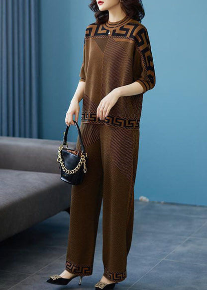 Chocolate Striped Silk Sweatshirt Two Pieces Set O-neck Original Design Fall