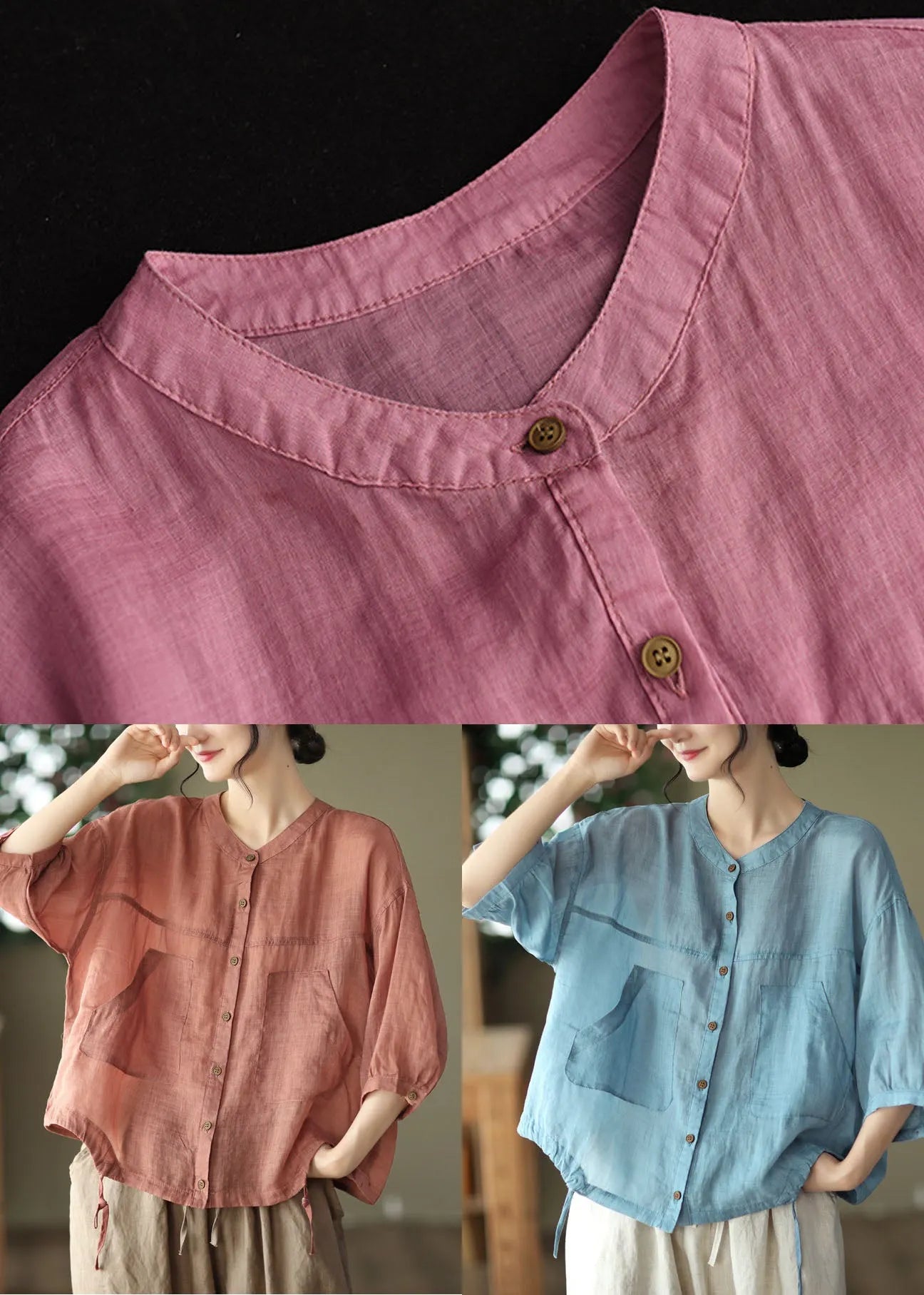 Light Blue Pockets Linen Shirt Tops Color Drawstring Bracelet Sleeve