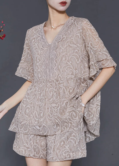 Khaki Jacquard Patchwork Lace Two Pieces Set Summer