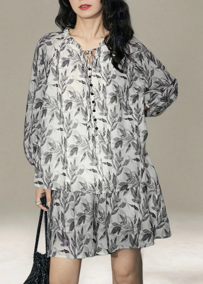 Grey Print Cotton Sets 2 Pieces Lace Up Summer