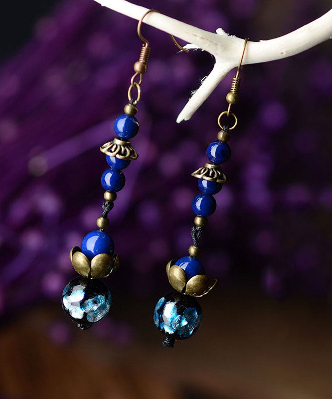 Royal Blue Lotus Gem Stone Copper Drop Earrings