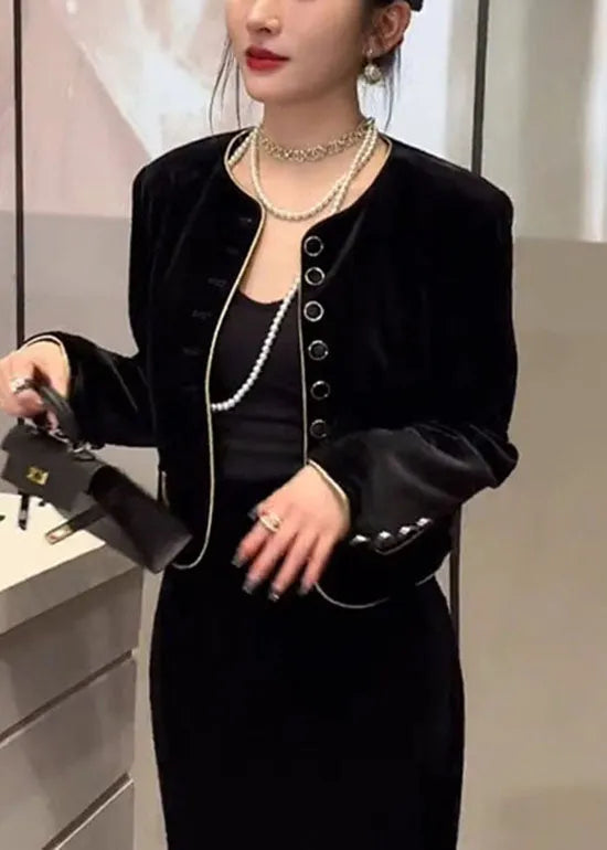 Diy Black O-neck Button Silk Velour Coats Fall