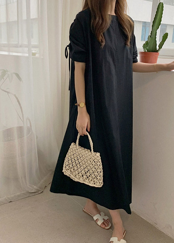 Black O-neck Drawstring Cotton Long Dress Summer