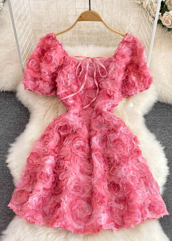 Rose Square Collar Tulle Mid Dress Puff Sleeve