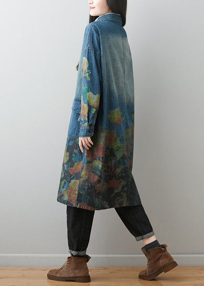 Blue Peter Pan Collar Pockets Print Cotton Denim Coats Spring