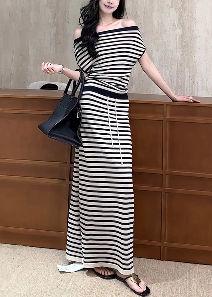French Black Striped Elastic Waist Knitting Cotton Two Piece Set Summer