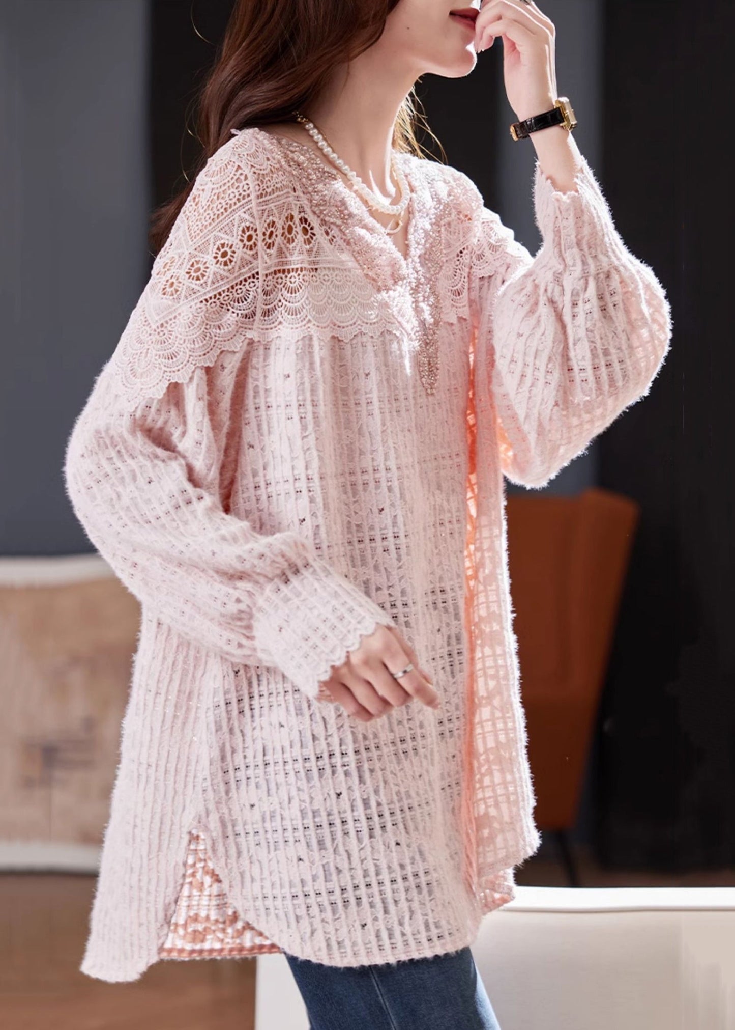 Pink Nail Bead Hollow Out Lace Shirt Spring
