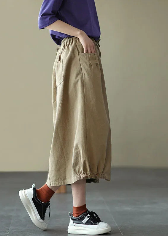 Light Green Elastic Waist Side Open Pockets Cotton Skirt Summer