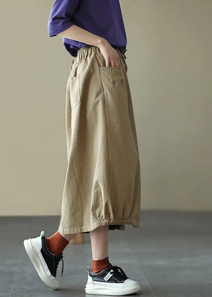 Light Green Elastic Waist Side Open Pockets Cotton Skirt Summer