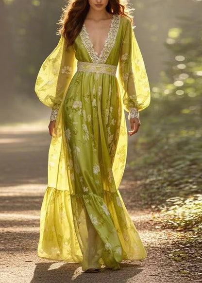 V Neck Print Lace Patchwork Silk Holiday Dress Spring